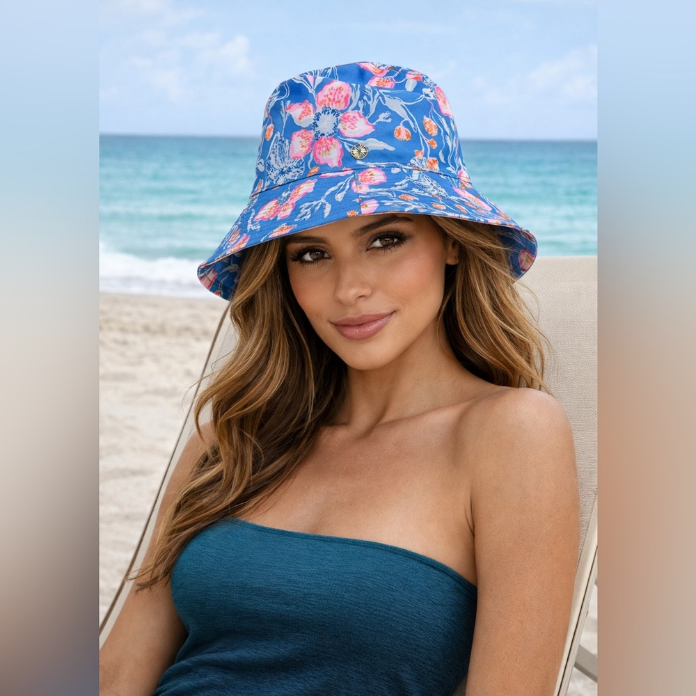 Lilly Pulitzer Floral Blue Pink Bucket Hat 🌴☀️